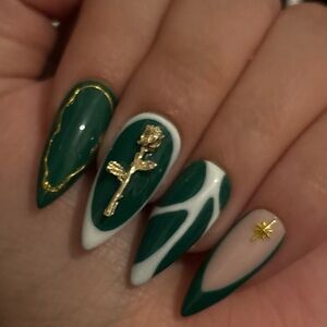 Medium stiletto press on nails green french tips gold rose white handmade custom